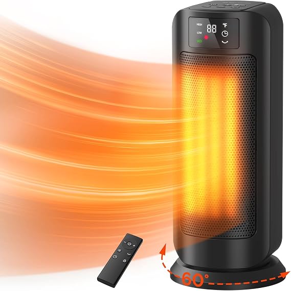 1500W Portable Ceramic Space Heater, Oscillating Indoor Heater, Black | 4 modes, 60-degree oscillation, 24H timer, remote control, quiet heat, ETL safety protection