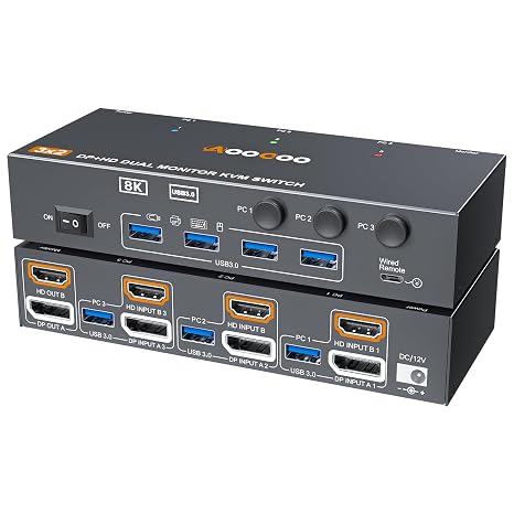 KVM Switch 2 Monitors 3 Computers 8K@60Hz/4K144Hz,DP+HDMI USB3.0 Dual Monitors KVM Switches with 4 USB 3.0 Port,Wired Remote,USB3.0 Cables Included(8K 3 PC 2 Monitor KVM)