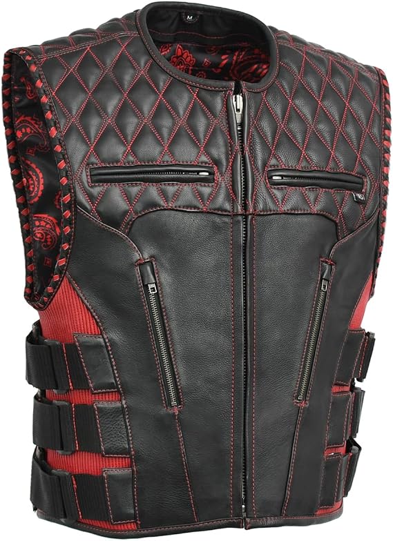 First Mfg Co - Tactical Emerald - Mens Motorcycle Leather Vest Adjustable Strap Diamond Quilted Shoulders Paisley Liner