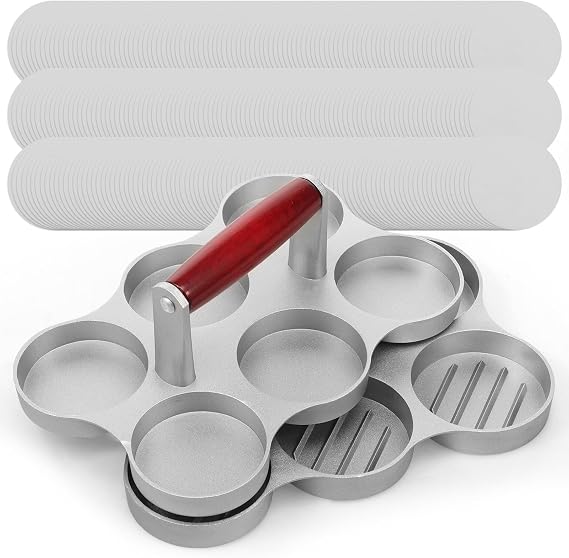 Mini Burger Press Small Meat Patty Maker with 200 or 300 Paper Round Shape Press Patty Maker for Mini Hamburger Barbecue Picnic Camping Three or Six 2.64 inch Mold (3 or 6 Slot)(silver-1-6 Grid)