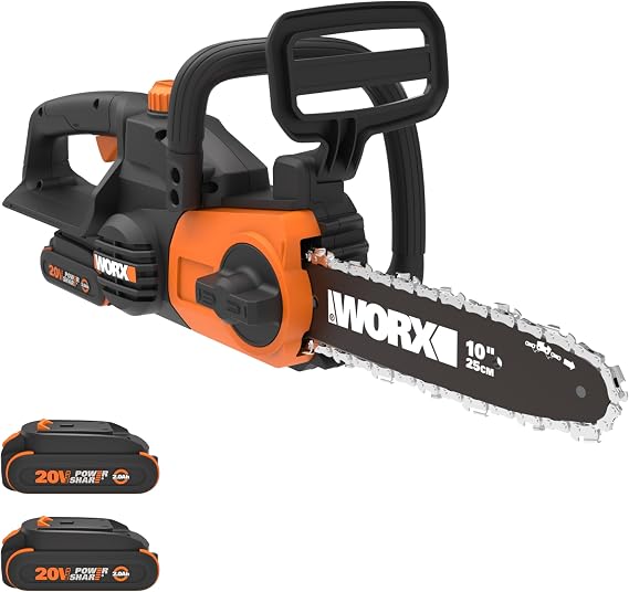 WORX 20V 2.0Ah 2pcs Battery Bundle with 10" Auto-Tension Cordless Chainsaw WA3669.2 WG322