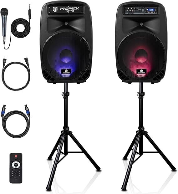 PRORECK Party 15 Portable 15-Inch 2000 Watt 2-Way Powered PA Speaker System Combo Set with BluetoothUSBSD CardFMRemote ControlLED Light for Indoor, Outdoor DJ Parties, Karaoke