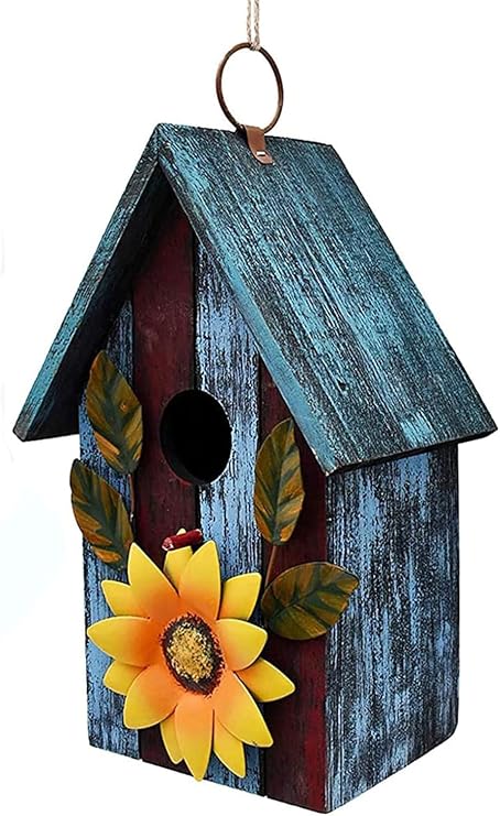 Morning View Wooden Bird Houses for Outside Decorative Hanging Nest Box Birdhouse Spring for Outdoor Small Birds Bluebird Finch Cardinals Wren Garden Yard 9.37 Inch Tall (Blue)