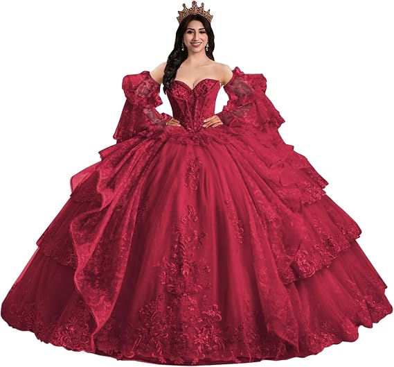 XYAYE Glitter Tulle Quinceanera Dresses with Sleeves Lace Layered Vestidos de Quinceanera Puffy Beaded Strapless 16 Dresses