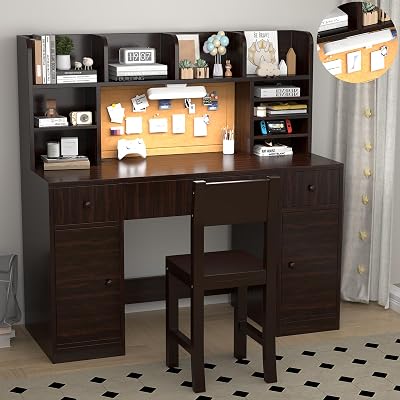 48x20Inch Wooden Espresso Kids Study Desk and Chair Set with Light, 3 Drawers and 4 Storage Cabinets, Children Desk with 4 Open Hutch and Shelves, Girls Study Desk for Kids Bedroom-003
