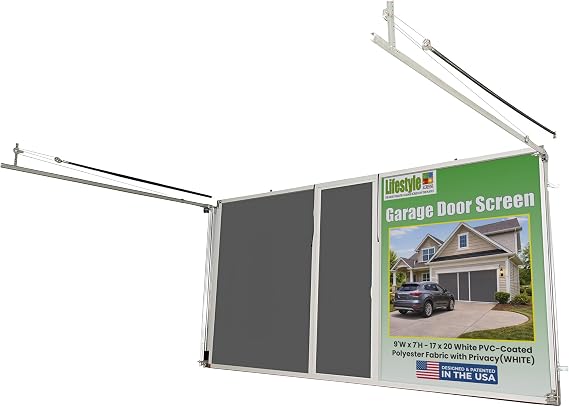 Garage Door Screen 17x20 White PVC-Coated Polyester Fabric with Privacy & Pet-Resistant Mesh, Spring-Loaded Counterbalance, Easy Entry, Versatile Living Space (White, 9'W x 7'H)