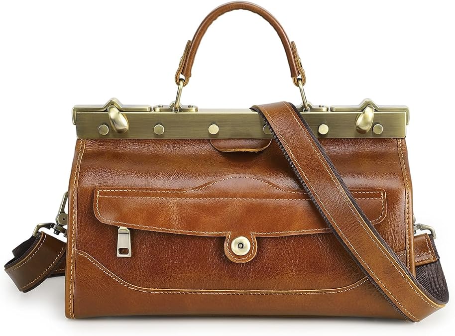 CONTACTS Full Grain Leather Doctor Bag Purse for Women Handbag Small Shoulder Bag Vintage Top Handle Satchel Bag with Metal Clasp Frame