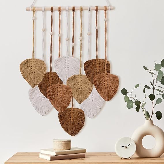 Macrame Wall Hanging Leaves Tapestry, EaseMykit Nursery Decor Leaves Woven Tapestry Feather Handmade Yarn Tassels Boho Wall Decor Art Decorations for Bedroom Living Room Apartment Home Backdrop(Autumn Brown)