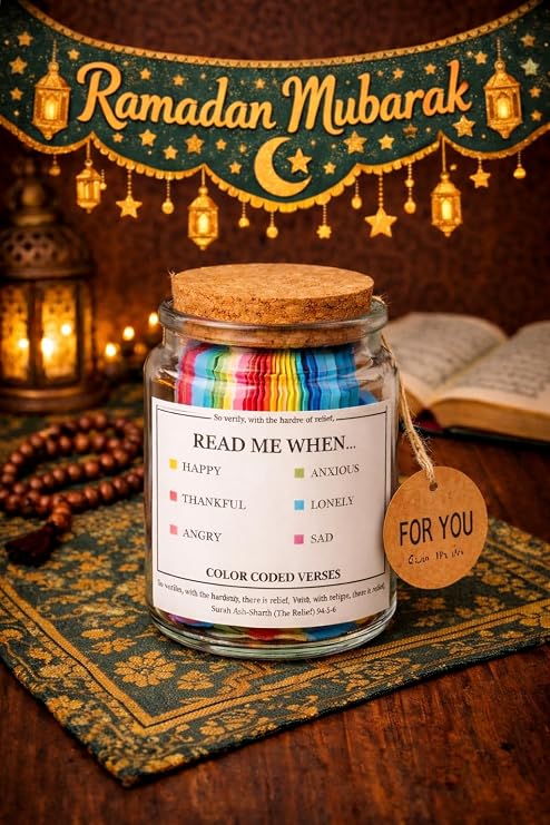 Quran Hope Verses Jar, Read Me When Emotional Support Glass Jar, Islamic Gift Set, Color-Coded Messages for Different Moods, Ramadan/Eid Gift for Men Women Boys Girls