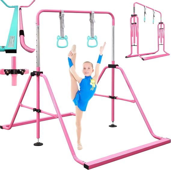 Folding Gymnastics Bar with Rings, Foldable Kip Bar with Sturdier Base, Training Bar for Kids Ages 3-10, Horizontal Bar, Home Gym Equipment for Boy Girl