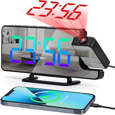 U-pick Projection Alarm Clocks for Bedrooms, 7.3 RGB Colorful Digital Clock with Mirror Surface, 11 Colors, 180Projector on Ceiling, USB Charger, LED Modern Clock for Teens Bedroom Decor Bk-RGB