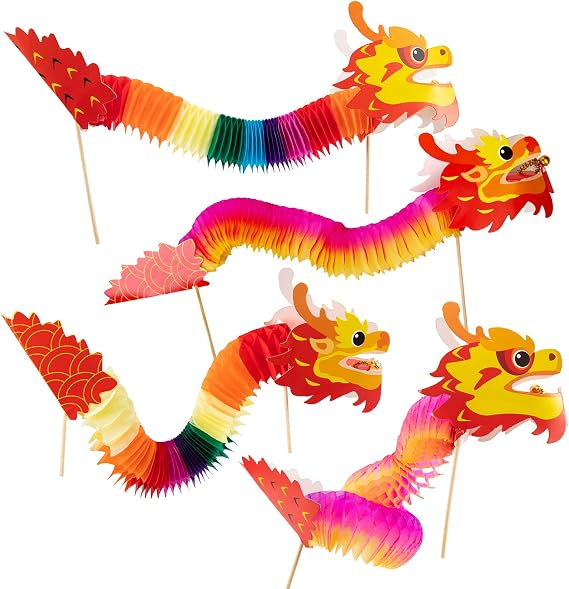 Biubee 8 Pcs Chinese New Year Paper Dragon Decoration- 4 Styles Chinese Paper Dragon Hanging Garland Crafts Handheld Chinese Paper Dragon Toys for Kids Toddlers, Style 1