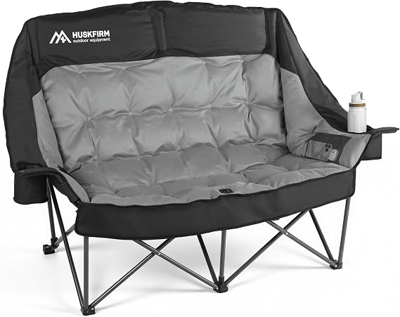 Huskfirm High Back Double Camping Chair 2 Person Camping Chair Black | Low Seat Loveseat Camping Chair Fully Padded Oversized Camping Couch for Adults - Supports 650 LBS with Cup Holders Carry Bag