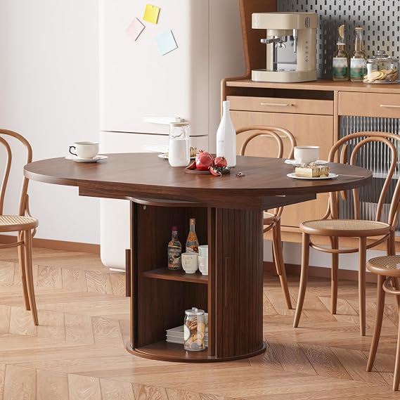 43.3"-59" Extendable Round Dining Table with Sliding Door & Storage,Walnut