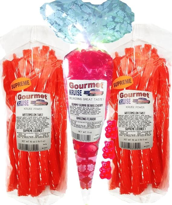 Watermelon Licorice Twist 2-1lb Bags (1) Red Cherry Gummi Gummy Bears 11OZ (NET WT 43 OZ) Gourmet Kruise Signature Gifts