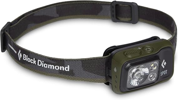 BLACK DIAMOND Spot 400 Headlamp, AAA Powered, Dimmable, Bright, Dark Olive | 400 lumens, red night vision, Brightness Memory, PowerTap, battery meter tracks runtime, dual-fuel compatibility