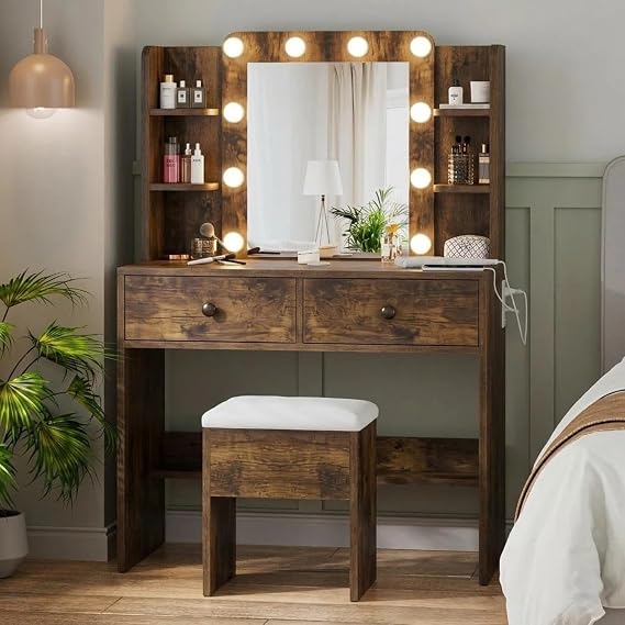 Haewon Vanity Desk with Mirror and Lights, Makeup Vanity with 10 LED Bulbs and 3 Color Modes, Dressing Table Set with Power Outlets, Storage Drawers and Chair for Bedroom, Vintage Brown