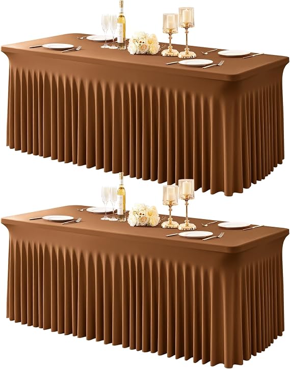 2 Packs Brown Spandex Tableclothes for 8 Foot Rectangle Tables, Wrinkle Free 8ft Fitted Table Cover Stretch Table Cloth Desk Skirt for Weddings Baby Shower Birthday Party Banquet Decorations