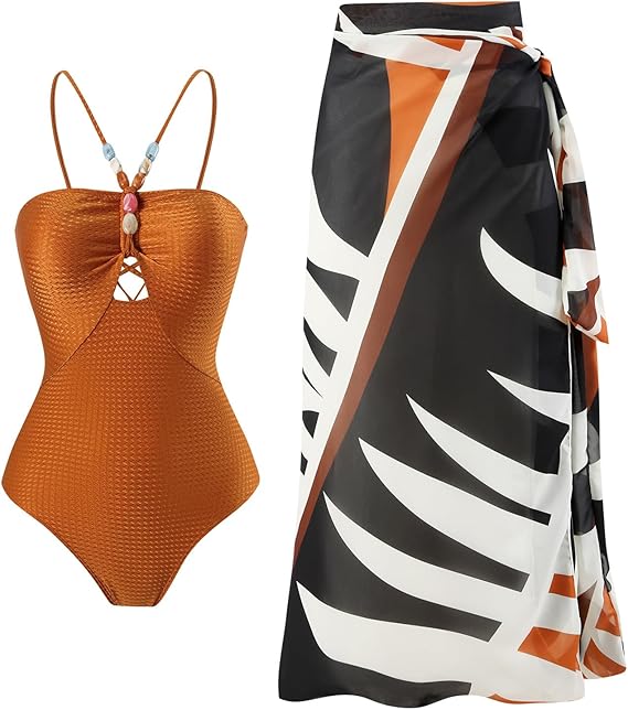 IBAKOM Three Pieces Swimsuits for Women with Wrap Skirt Swim Top Tummy Control Bikin Bottom Bathingsuit Cover Ups
