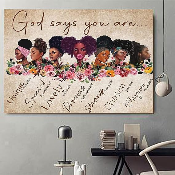 African American Wall Art Black Woman God Says You Are Canvas Print Black Girl And Flower Painting Funny Artworks Home Decor For Bathroom Living Room Bedroom Unframed 12x18 Inch