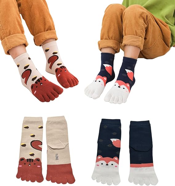 Pursuestar 2 Pairs Five Finger Toe Socks Athletic Running Casual Cartoon Animal Split Socks for Kids Girls Boys 3-12 Years