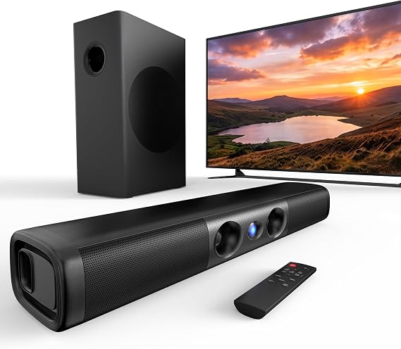 Sound Bar with Wired Subwoofer, 100W 3.1CH for Smart TV, Home Theater System with Surround Sound, Deep Bass and Crisp Dialogue, TV-ARC/Optical/AUX/Bluetooth 5.3