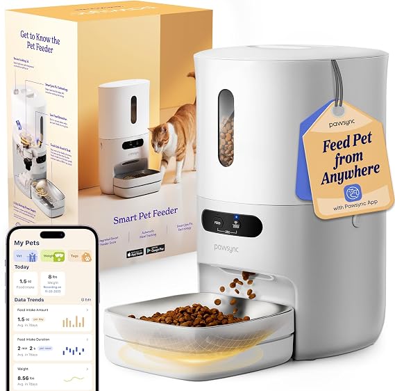 Pawsync Automatic Cat Feeder, WiFi & Smart Scale, Remote Feeding | Tracks Pet's Food Intake, 3.6L Timed Food Dispenser, Up to 10 Meals Per Day, Dual Power Supply, Stainless Steel Bowl