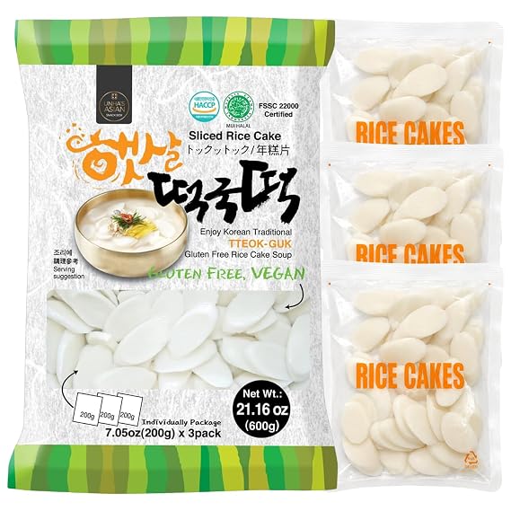 Unha's Korean Sliced Oval Rice Cakes, Tteokguk Tteok, 21.16 oz 1 Pack | Chewy pieces for soup, hot pot, ramen, stir fry, rabokki, tteokbokki; three sealed bags for simple portioning