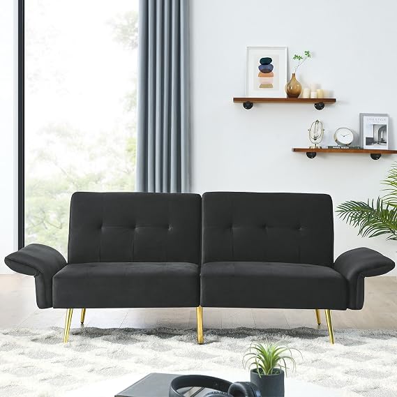 78" Velvet Futon Sofa Bed, Modern Convertible Sleeper Couch Bed with Folded Armrests, Side Pokets, Velvet 2-Seat Futon Sofa, Memory Foam Loveseat for Living Room Small Space Studio Apartment (Black)