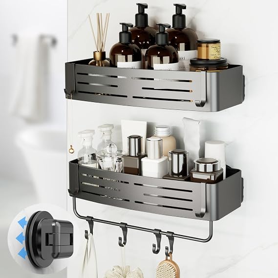 Onemake Shower Caddy Suction Cup, 2 Pack Shower Shelf with Hooks for Bath