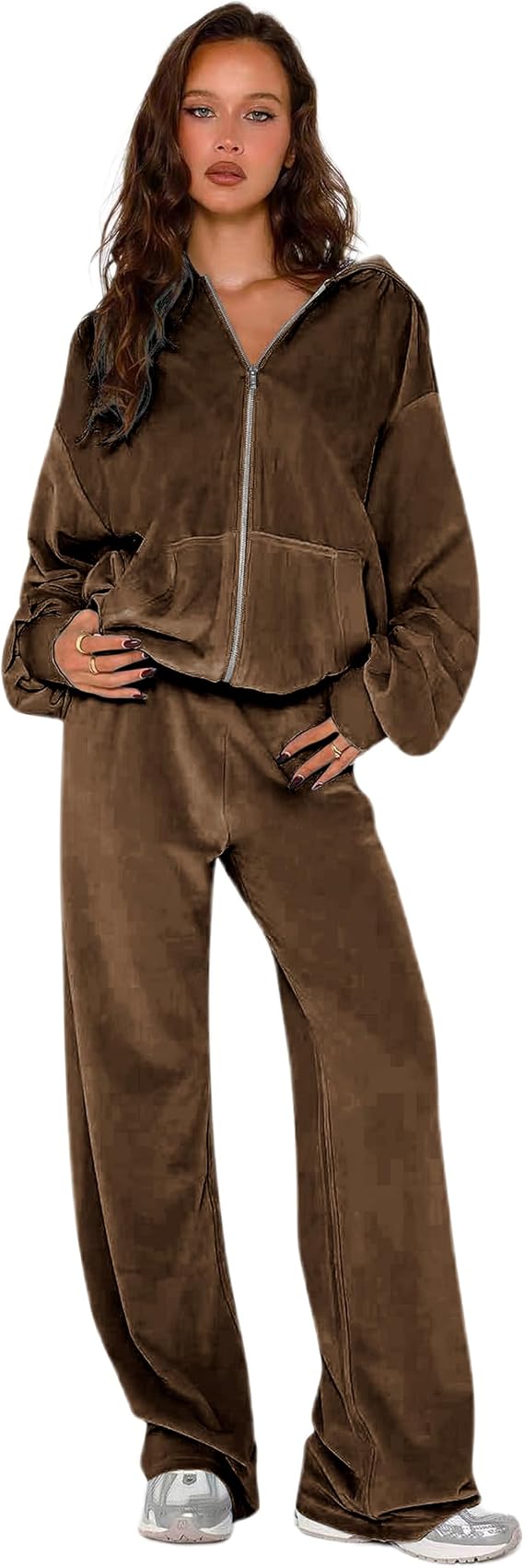 Womens 2 Piece Solid Velour Tracksuits Two Piece Velvet Lounge Outfits for Women, Long Sleeve Hoodie Tops Sweatsuits Casual Zip-Up Jacket Workout Pants Matching Set with Pockets, Sports Jogging Sets