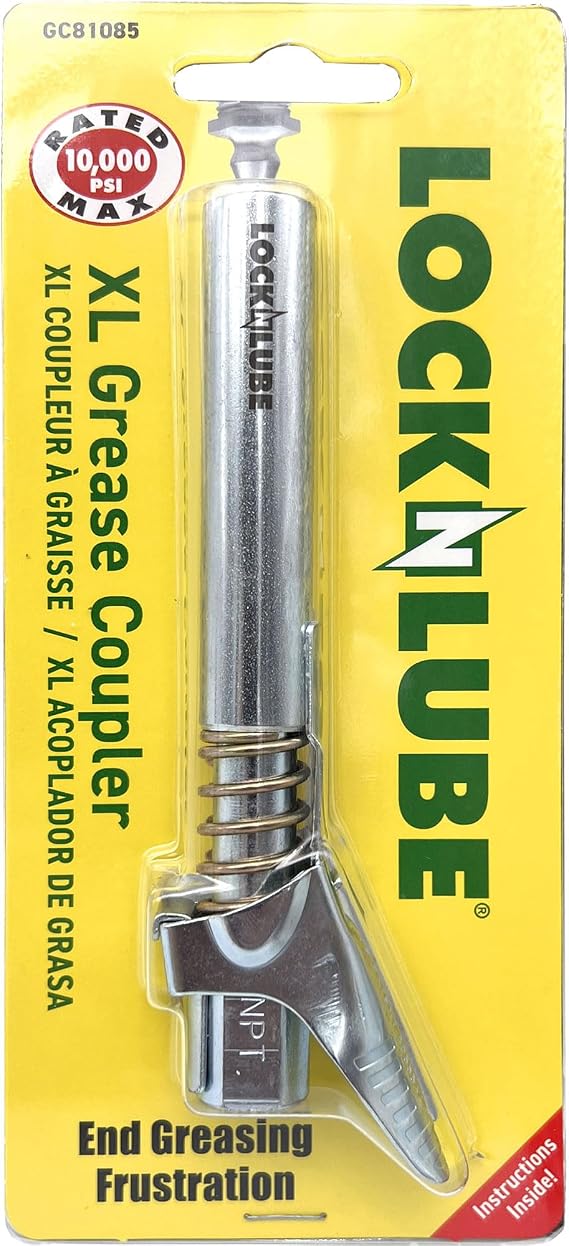 LockNLube Grease Gun Coupler XL - Universal Fit - Extra Reach for Recessed Grease Fittings