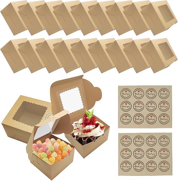18 Pcs Individual Cupcake Boxes, Small Cake Boxes with Windows | With 24 Stickers ,Kraft Candy Boxes for Cupcakes, Cookies Small Cakes Candy,Wedding Birthday Party Favors (Brown)