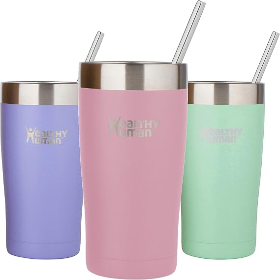Healthy Human Stainless Steel Tumbler with Straw & Lid | Splash Proof Insulated Travel Cup | Eco-Friendly Coffee Tumblers | Water Cups with Straws Cleaner and Splash Proof Lids (20oz, Petal Pink)