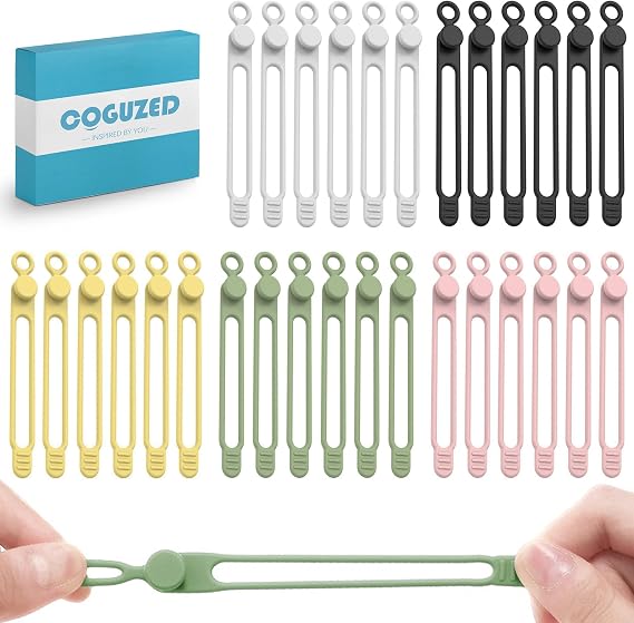 CoguZed 30Pcs Silicone Cable Ties, Reusable Cable Management Organizer, Multipurpose Elastic Cord Organizer for Bundling and Fastening Cables, Wires, Charger, Home, Office, Kitchen, School (5 Colors)