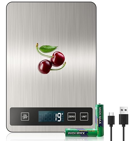33 lb & USB Rechargeable Digital Kitchen Food Scale Kitchen Scale, Stainless Steel Digital Weight Grams and Oz, Baking and Cooking, 0.1oz/1g Precise, 6 Weight Units (B1)