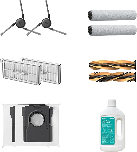 Mova Accessories Kit Z60 Ultra Roller Complete/Z60 SA Vacuum Cleaner Parts, Include1 Main Brush, 2 Side Brushes, 2 Filters, 2 Dust Bags, 2 Roller Mops, 1 Cleaning Solution(33.8 FL OZ)