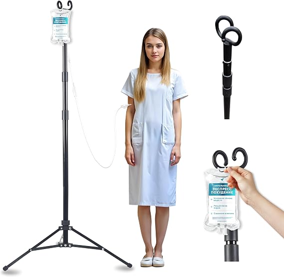 TidyFriend Steel Tripod IV Pole, Portable IV Pole Stand, Adjustable 30 72 in Height, Collapsible Stand with 2 Hooks & 3 Legs, Lightweight & Travel Friendly, For Home, Hospitals & Clinics (Black)