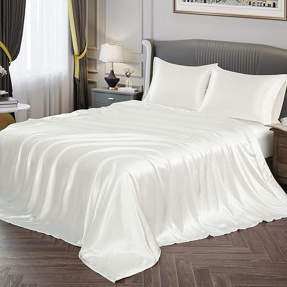 Vonty Satin Sheets Full Size Silky Soft Satin Bed Sheets Ivory White Sheet Set, 1 Deep Pocket Fitted Sheet + 1 Flat Sheet + 2 Pillowcases