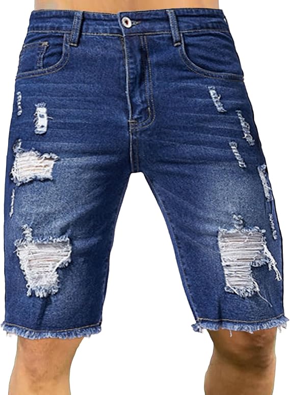 JEsilunmaMY Men's Raw Hem Ripped Denim Shorts Mid Rise Washed Distressed Jean Shorts Slim Fit Knee Length Denim Short Pants