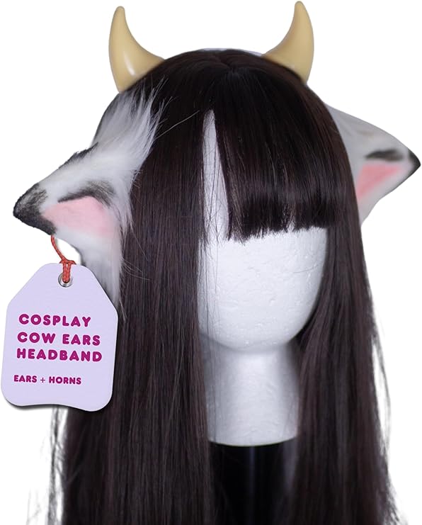 MOEFLAVOR Anime Plush Cow Ears Fur Headband with Devil Horns | Matches Any Kawaii Lingerie Costume for Sexy Cosplay