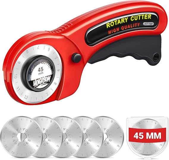 45mm Fabric Rotary Cutter with 5 Extra Blades, Ergonomic Handle
