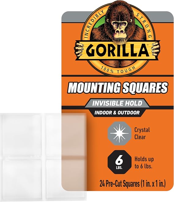 Gorilla Tough & Clear Double Sided Tape Squares, Clear Tape, 24 1" Pre-Cut Mounting Squares (Pack of 1)