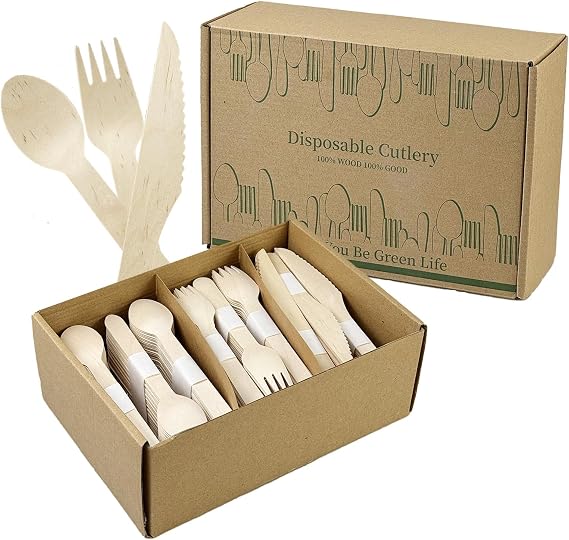 360Pcs Disposable Wooden Cutlery Set - Biodegradable Compostable Cutlery Set with 120 Spoons, 120 Forks & 120 Knives, Party Bamboo Cutlery for Picnic Camping Wedding