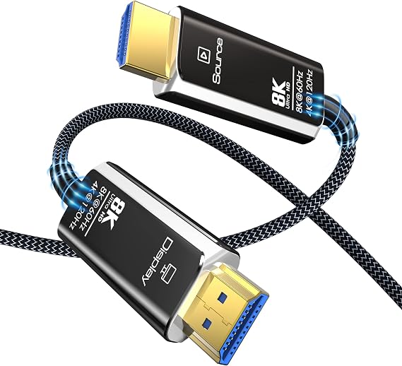 8K Fiber Optic HDMI Cable, 15M Ultra High Speed 48Gbps HDMI 2.1 Cable, Nylon Braided, 8K@60Hz, 4K@120Hz/144Hz, HDCP, Dolby Atmos Fiber Optical, Compatible with PS5/PS4/Xbox/Apple TV/PC Notebook, etc
