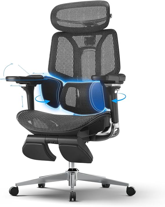 Hbada E3 Pro Ergonomic Office Chair - 3-Zone Lumbar Support 4D Headrest 6D Armrests Desk Chair with Footrest Black