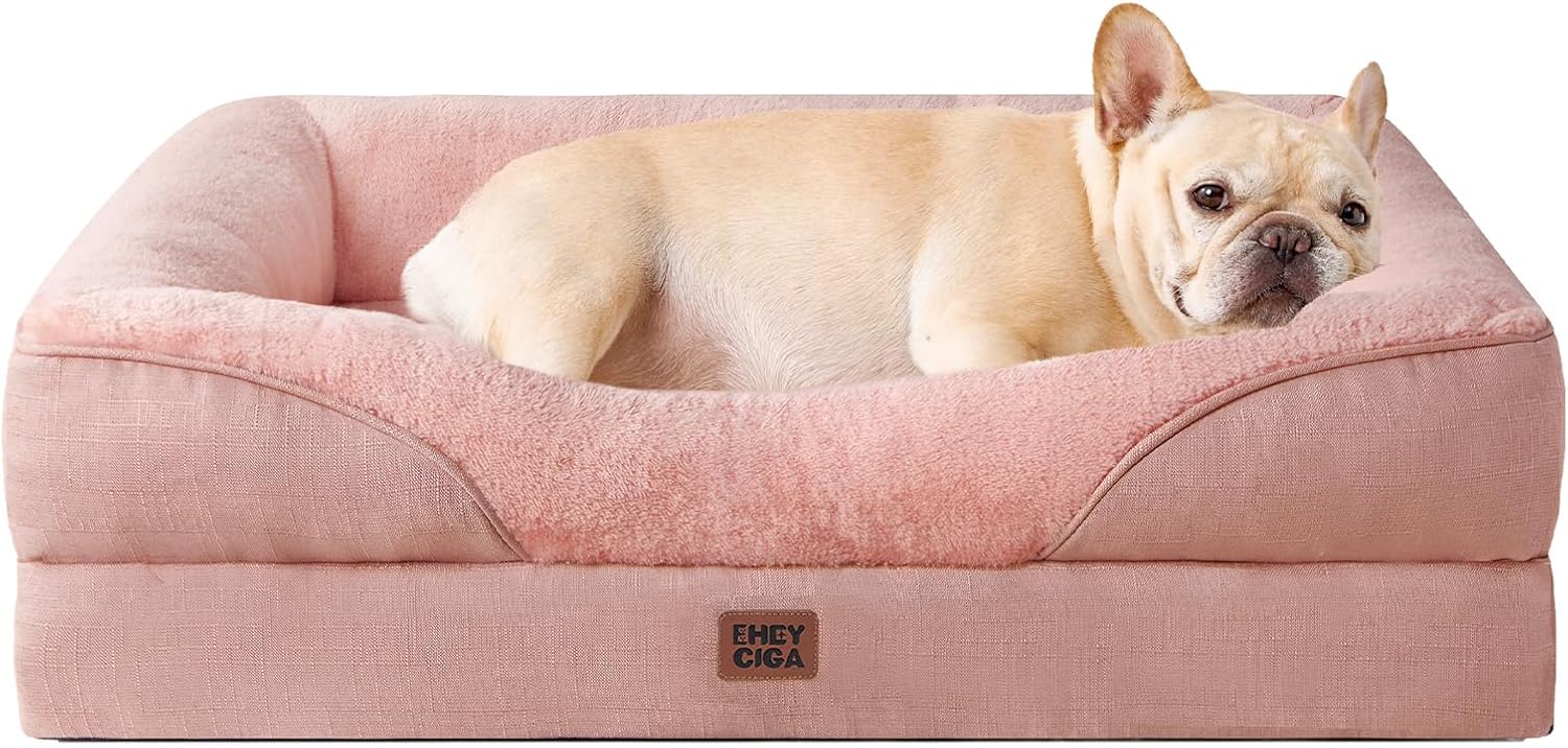 EHEYCIGA Memory Foam Dog Beds Medium Washable, Orthopedic Dog Beds Sofa with Sides and Waterproof Liner, Pet Couch with Washable Removable Cover and Non-Slip Bottom, 76x51x16cm, Dusty Pink