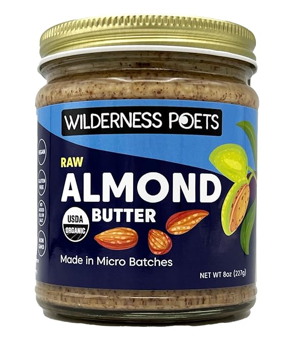 Wilderness Poets, Almond Butter - Organic Raw Nut Butter (8 Ounce) - Vegan, Gluten Free, Non GMO, No Salt, No Sugar - Glass Jar