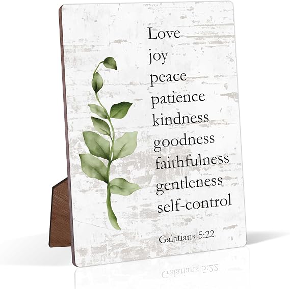 Galatians 5:22 Fruit of the Spirit Decorations, Christian Home Office Decor Wooden Signs, Rustic Farmhouse Scripture Wall Art Desk Decor, Positive Affirmation Gifts for Women Coworker Family Friends