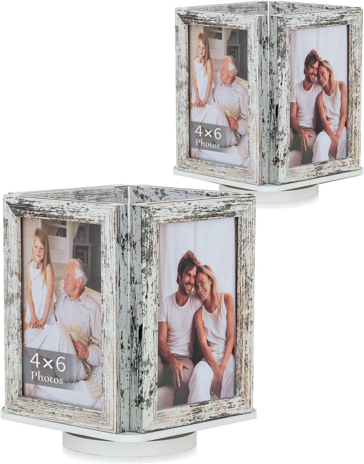 4x6 Picture Frames for Tabletop: Rotating Box Design - Wood Photo Frame 4 x 6 Standing on Desk Home Office for Couples Family, White 2 Packs